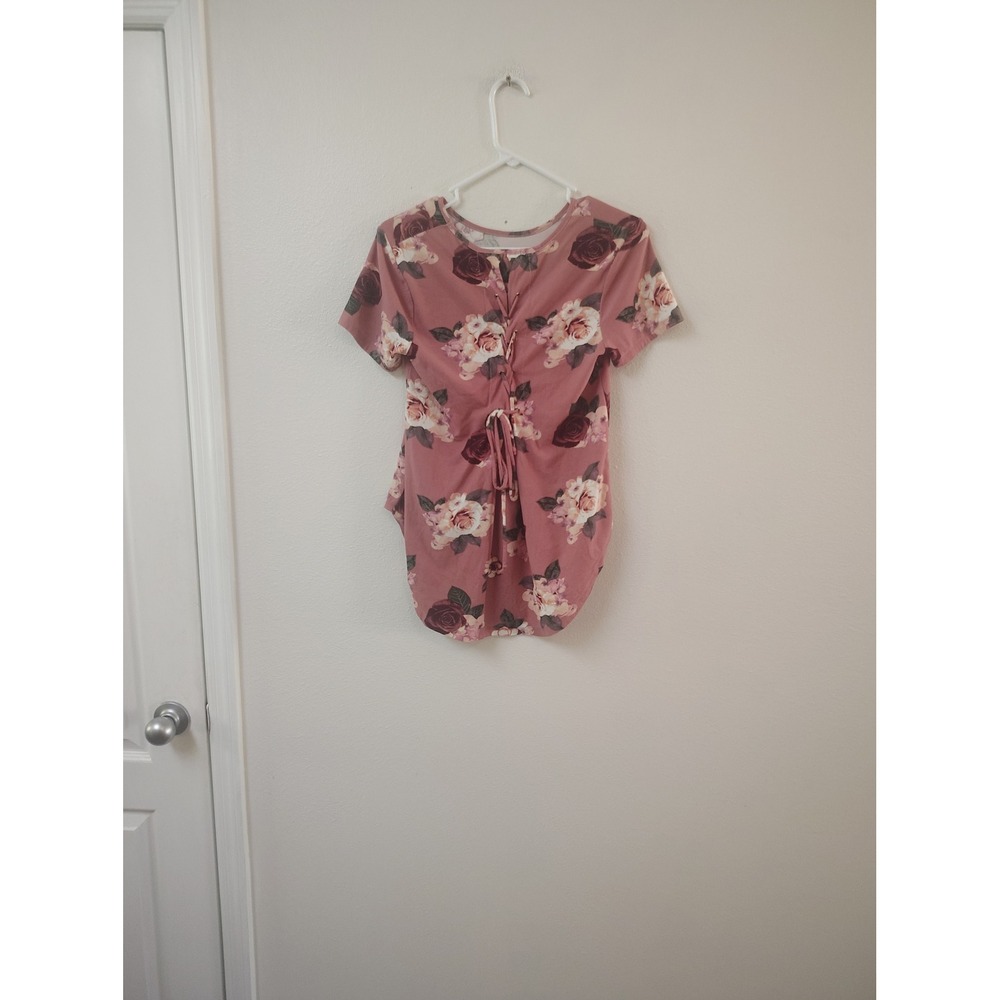 J for Justify Womens Mauve Floral Lace Up Front High Low Hem Blouse Top Size M